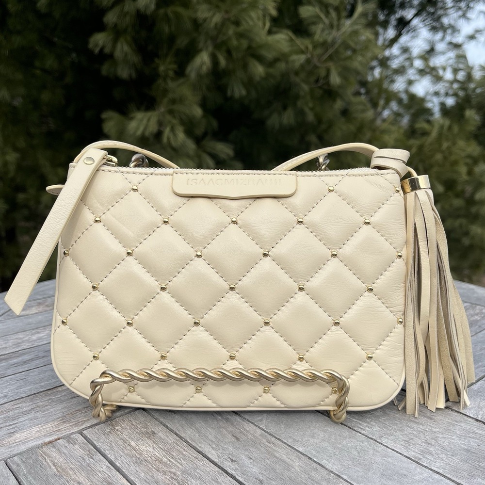 Isaac Mizrahi Crossbody Bag Quilted Lambs Leather Bone Ivory Gold Stud Purse NEW
